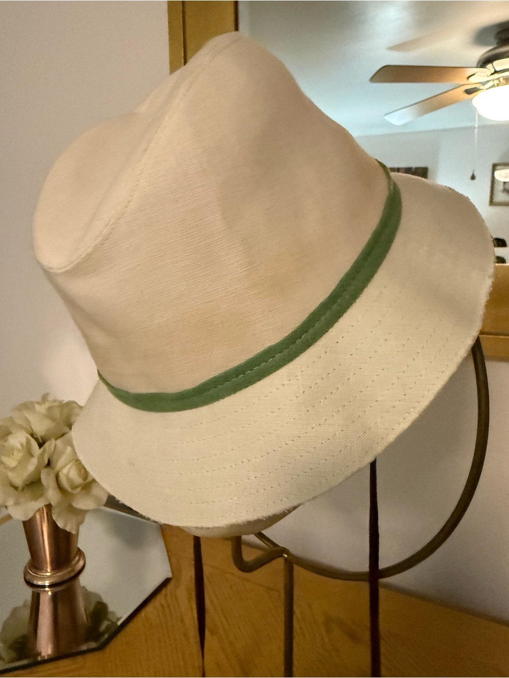 Cream Bucket Hat with Green Trim